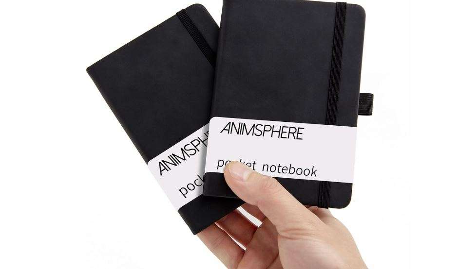  Animusphere 2Pack Pocket Notebook Small Notebook Journal Notebook 4 inches x 5.7 inches 200 Pages Leather Cover With Pen Holder Page Marker Ribbons(Black)