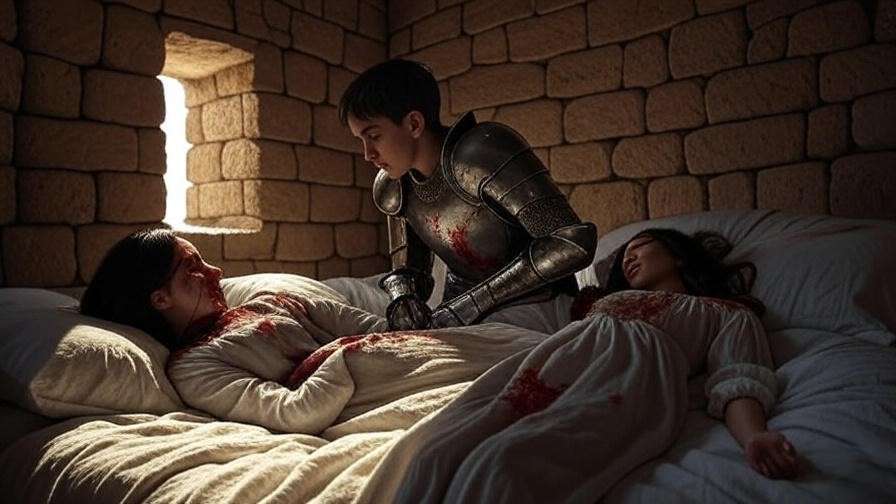 A cinematic depiction of the Tower of Joy scene from Game of Thrones, showing Lyanna Stark whispering to Ned Stark in a dimly lit stone tower, evoking the emotional reveal of Jon Snow’s true identity as Aegon Targaryen.