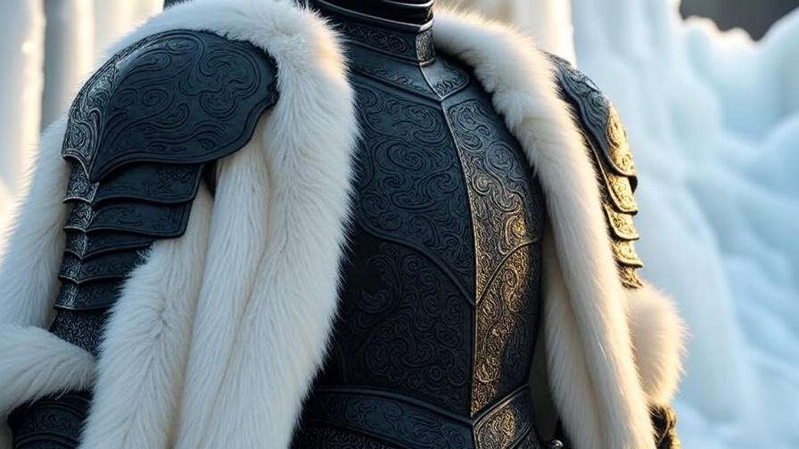 Close-up of Jon Snow’s kingly embossed leather armor and fur cloak against icy Wall.