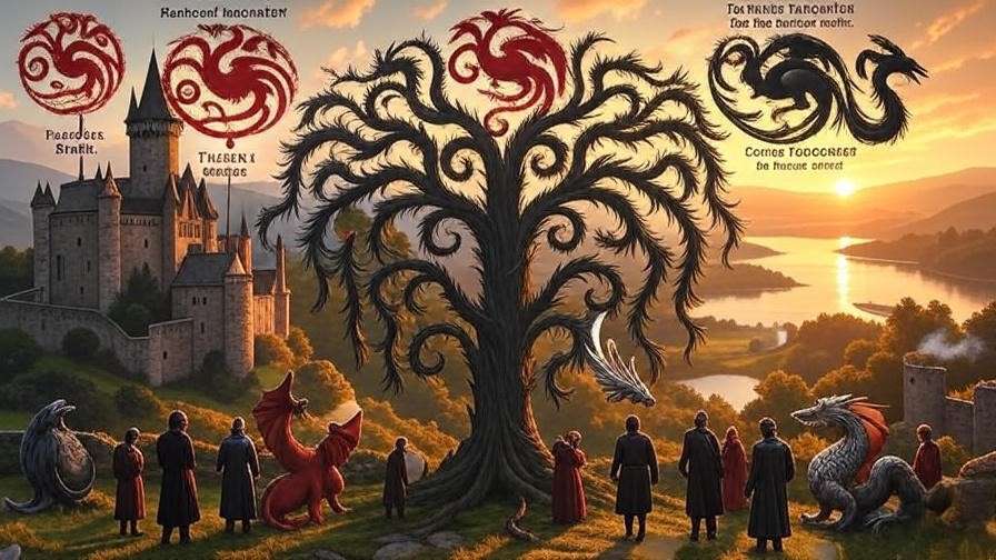 Targaryen family tree illustration featuring Jon Snow and Daenerys Targaryen lineage with Westeros castle backdrop