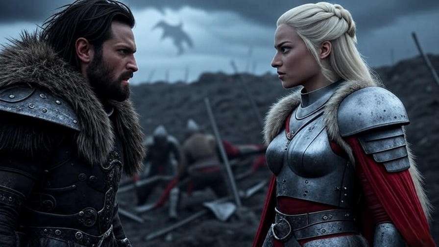 Dramatic standoff between Jon Snow and Daenerys Targaryen on a Westeros battlefield with dragon silhouette