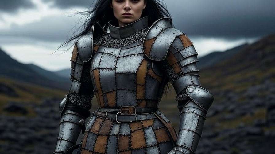 Brienne of Tarth in mismatched armor from Game of Thrones set of books, rugged Westerosi landscape.