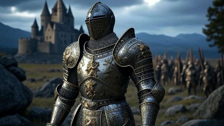 Westerosi knight in ornate armor on battlefield symbolizing protection and status in Game of Thrones