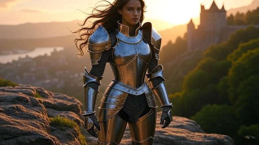A female warrior in blended masculine and feminine armor on a cliff, symbolizing Brienne of Tarth’s defiance of gender norms in Game of Thrones.