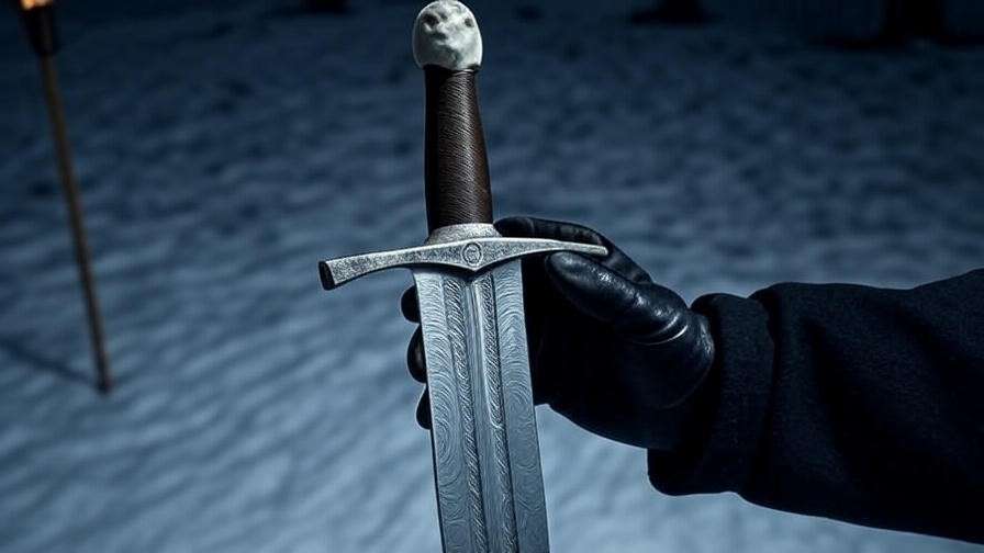 Close-up of Longclaw Valyrian steel sword with white wolf pommel against snowy backdrop.