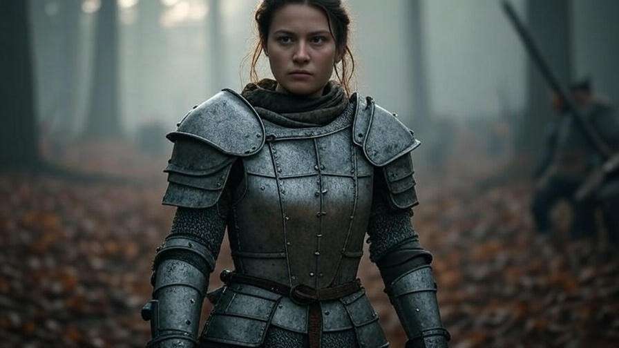 A lone female warrior in rugged grey and brown leather armor on a misty medieval battlefield, symbolizing Brienne of Tarth’s early armor in Game of Thrones.