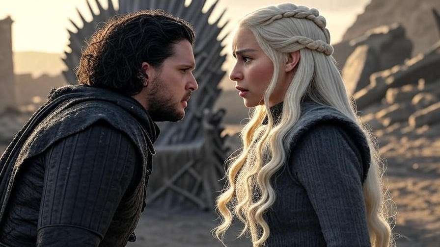 Jon Snow and Daenerys Targaryen confrontation near Iron Throne in Game of Thrones.