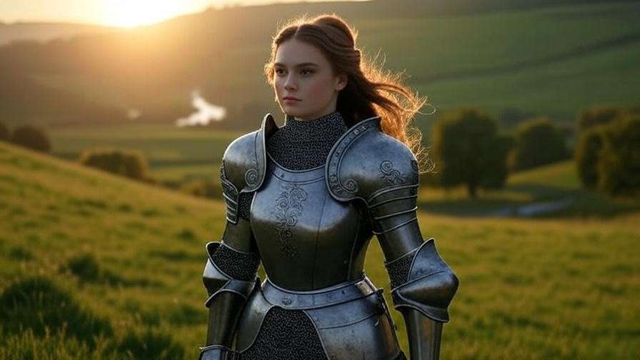 "Brienne of Tarth in full armor overlooking Westeros valley from Game of Thrones set of books.