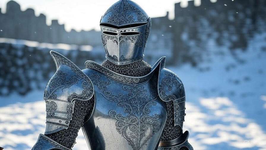 Brienne of Tarth in refined armor with engravings in snowy Winterfell, reflecting confidence in Game of Thrones.