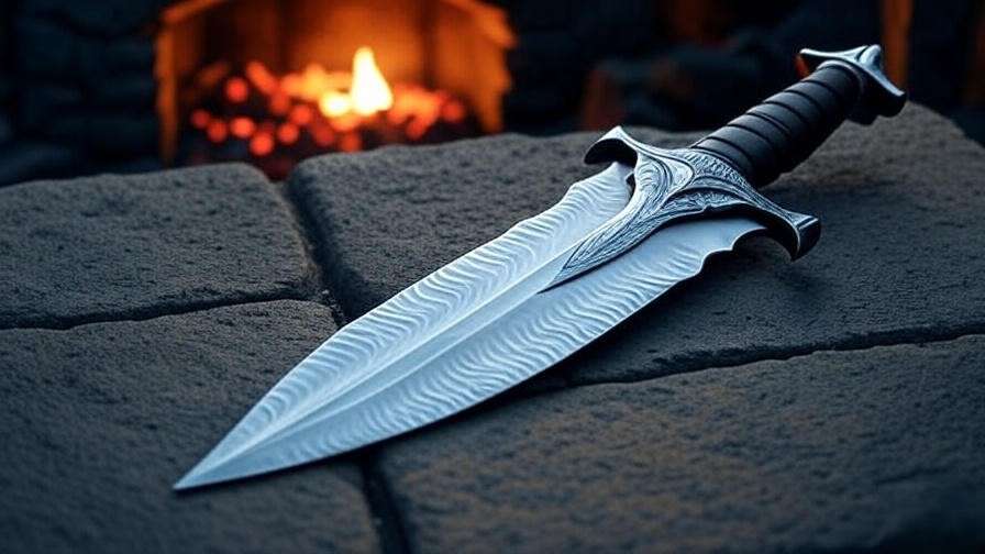 Valyrian steel dagger from Game of Thrones origins, featuring rippled blade and dragonbone hilt on stone surface.