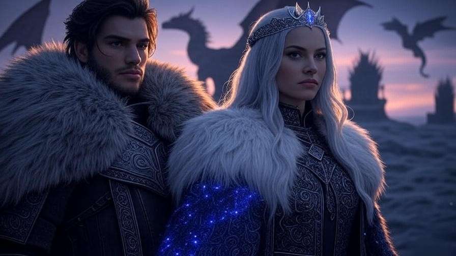 Jon Snow and Daenerys Targaryen with dragons and throne, representing rival Prince That Was Promised claims in Game of Thrones.