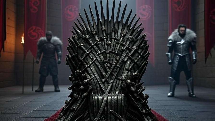 Iron Throne with Targaryen banners and subtle figures of Jon Snow and Daenerys Targaryen