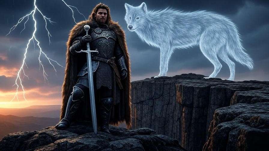 Jon Snow with Longclaw as a beacon on cliff with white wolf silhouette.