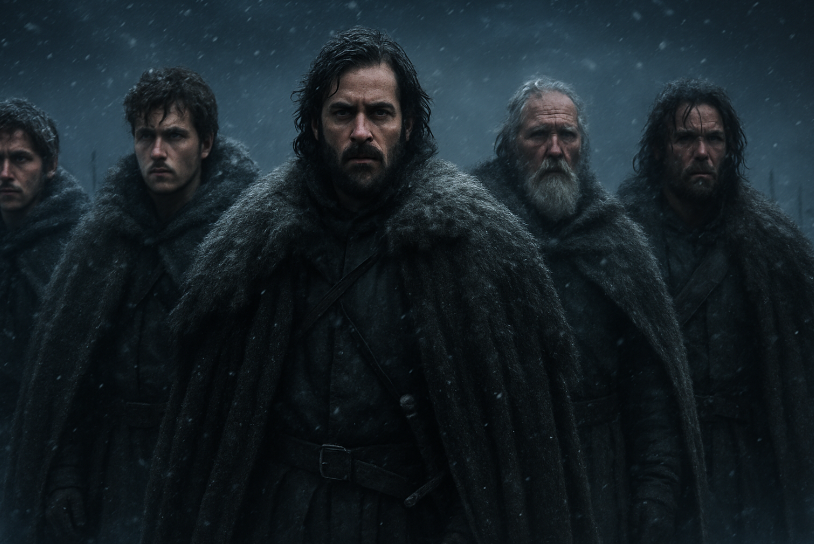 Group of medieval Northern warriors wearing fur cloaks standing in a snowy storm, symbolizing resilience, loyalty, and strength—The North remembers theme.