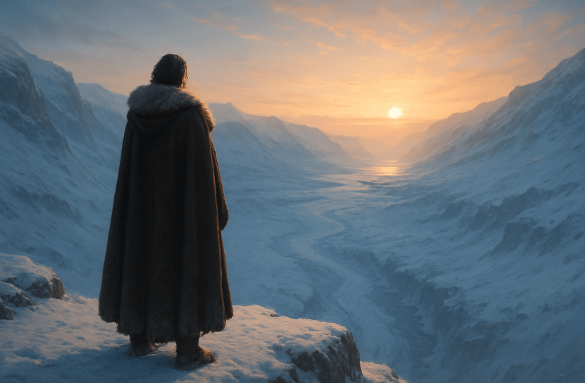 Lone figure in a fur-lined cloak standing on a snowy cliff at sunrise, overlooking a vast icy valley—symbolizing reflection, identity, and resilience.