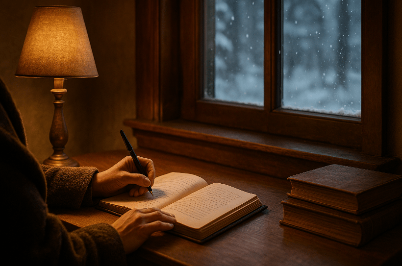 Person journaling at a wooden desk beside a window with snowfall outside, lit by a warm lamp—symbolizing self-reflection and clarity.