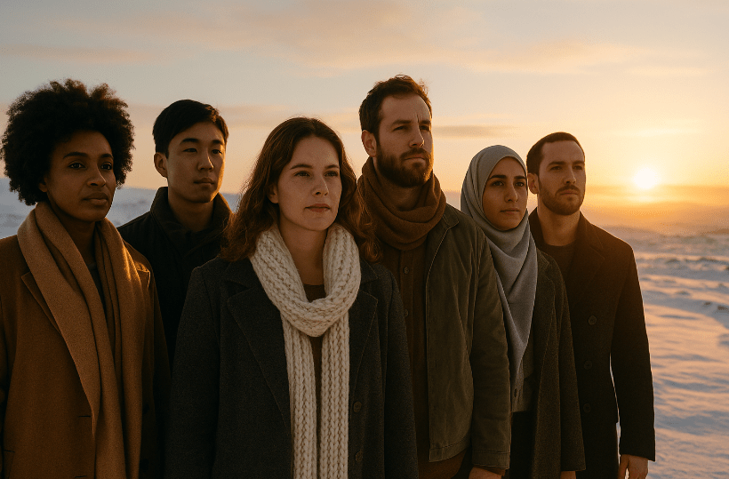 Diverse group of people standing united on snowy terrain at sunrise, symbolizing shared strength, resilience, and loyalty across cultures.