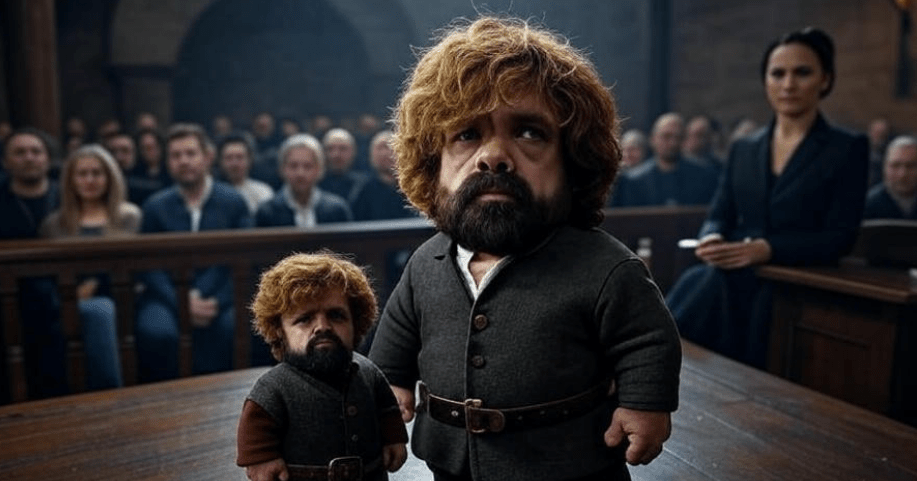 "Dramatic medieval fantasy courtroom scene with a man resembling Tyrion Lannister on trial, standing confidently, while a crowd watches coldly and a woman betrays him emotionally