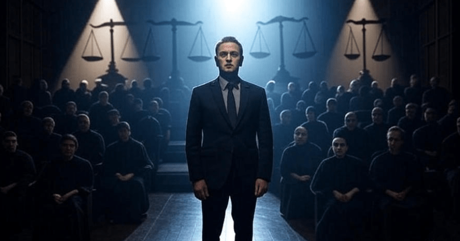 Symbolic theatrical stage scene with a man boldly standing under a spotlight before a silent, judgmental audience in cloaks, shadows of scales of justice behind him, filled with emotional tension and dark lighting