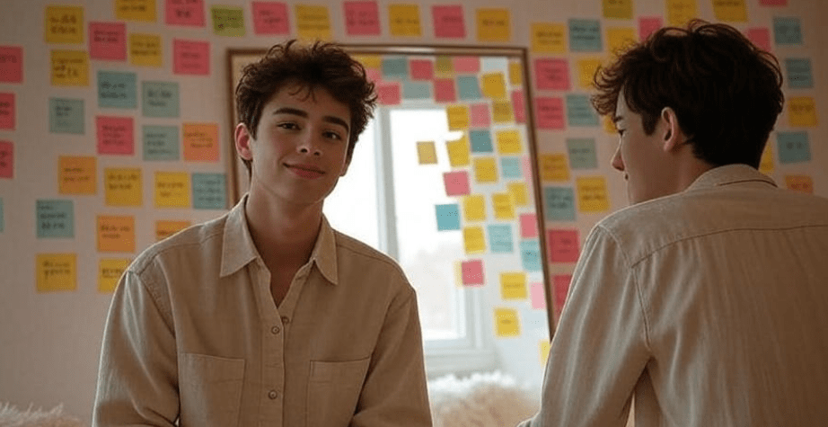 Modern young adult sitting confidently in front of a mirror adorned with sticky notes featuring positive affirmations, soft natural lighting, minimalist room, warm color tones, and an empowering personal feel