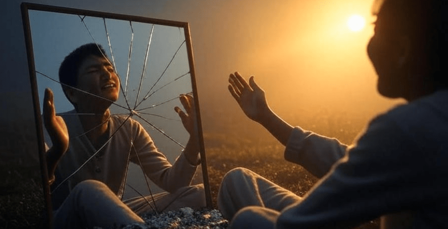 Surreal metaphorical art of a person breaking free from a cracked mirror reflecting shame, surrounded by fog, stepping into sunlight, symbolizing healing and self-acceptance