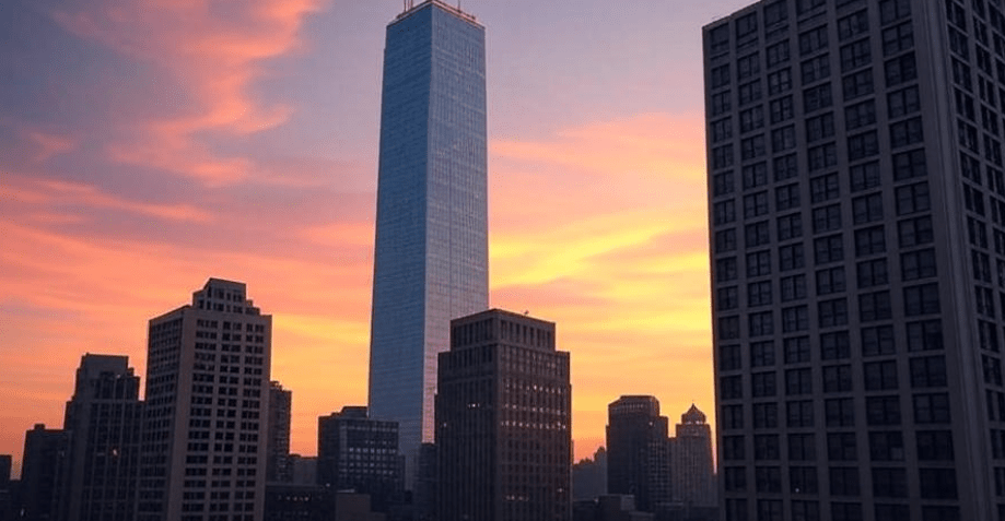 Digital art of a tall skyscraper towering over smaller buildings, with golden light at the top symbolizing insight, clarity, and value, presented in a clean and inspiring tone