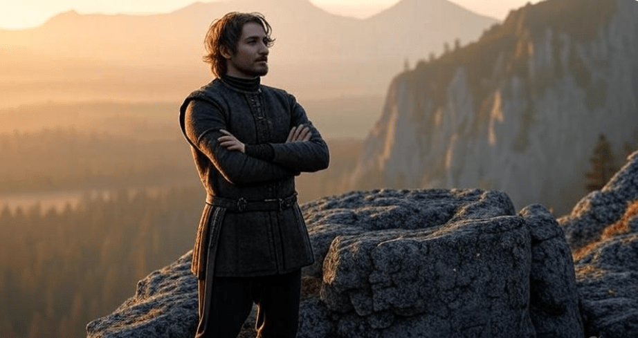 Fantasy realism art of a character resembling Tyrion standing atop a cliff at sunrise, arms folded in quiet strength, overlooking a vast landscape with warm colors, evoking a peaceful and victorious tone