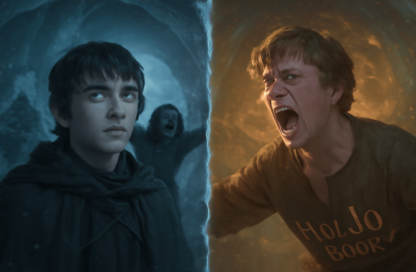 Split-screen fantasy scene showing Bran Stark with glowing white eyes and Meera Reed in an icy cave on the left, and a young Hodor screaming “Hold the door” amid golden magical energy on the right—illustrating the emotional impact of Hodor’s fate in Game of Thrones. 