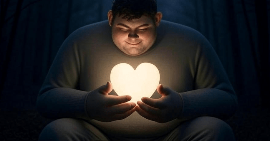Metaphorical art piece featuring a gentle giant holding an enormous glowing heart, symbolizing loyalty and empathy, set against a dark background with soft emotional tones