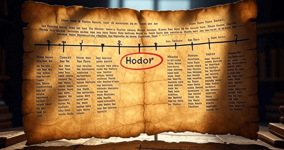 Stylized fantasy timeline on aged parchment, highlighting key emotional story moments with 'Hodor' circled in red ink, featuring cinematic lighting and dramatic design