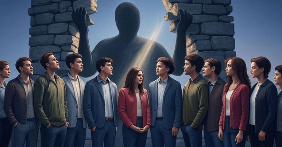 Symbolic digital artwork of a shadowy large figure holding a crumbling wall behind unaware smaller figures, with light shining on them, showcasing emotional realism and soft tones