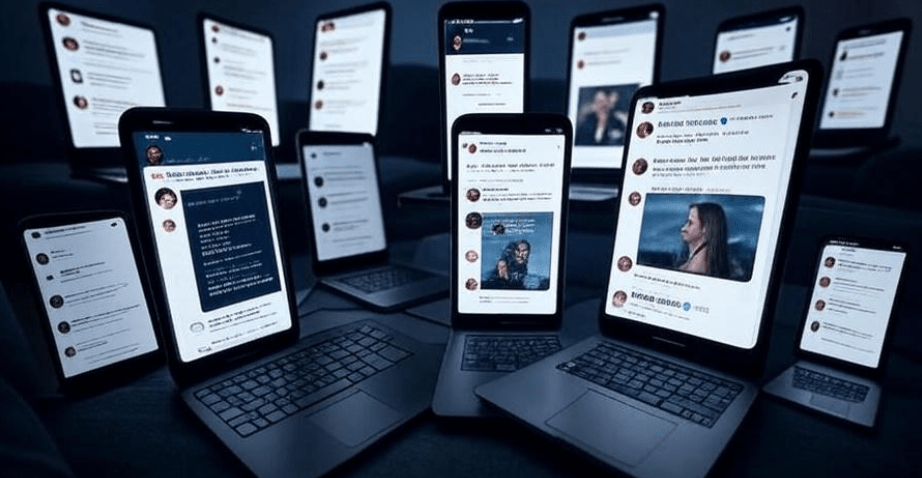 Collage-style digital artwork featuring multiple smartphones and laptops displaying emotional tweets, memes, and Reddit posts with hashtags #HoldTheDoor and #RIPHodor, glowing screens in a dark room, modern fan reaction scene