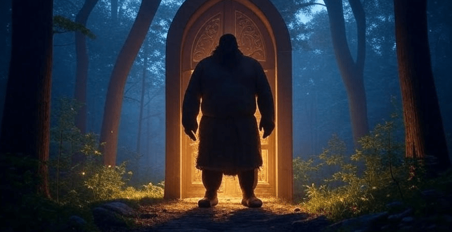 Peaceful tribute-style fantasy scene featuring the silhouette of a large man (Hodor) standing before a glowing wooden door with light streaming around the edges, symbolizing peace, memory, and farewell, emotional tone