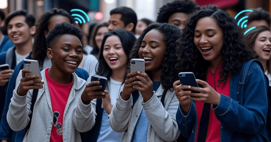 Vibrant fan culture scene with people reacting on phones, recording reaction videos, and creating memes, featuring overlays of fan art, TikTok screens, and trending hashtags, showcasing community energy, passion, and digital buzz