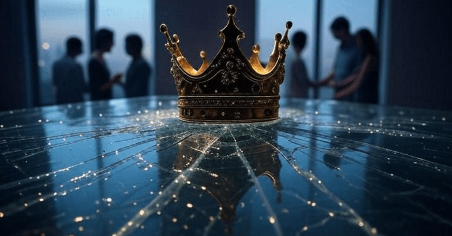 Symbolic conceptual art featuring a golden crown on cracked glass, with faint reflections of people arguing, embracing, and walking away, evoking a thoughtful, poetic, and introspective tone, exploring themes of love, power, and emotional conflict