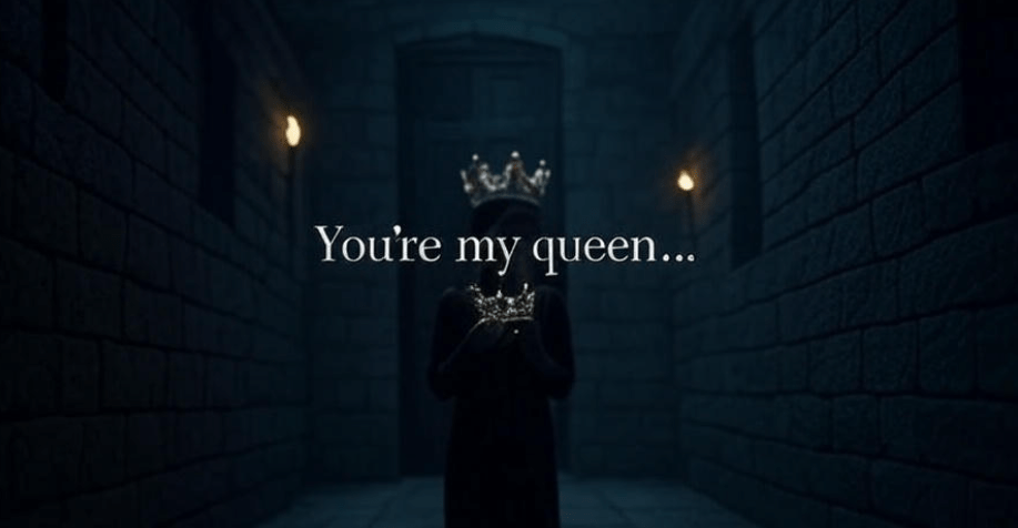 Moody cinematic teaser poster featuring a dark corridor with a faint glowing door at the end, a blurred figure holding a crown in the distance, and floating caption text ‘You’re my queen…’, evoking a mysterious, emotional, and unfinished vibe