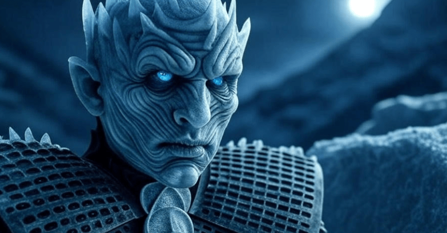 Close-up of the Night King from Game of Thrones, featuring pale ice-blue skin, glowing blue eyes, jagged ice armor, and a frost crown, set against a dark icy background, showcasing his menacing supernatural appearance