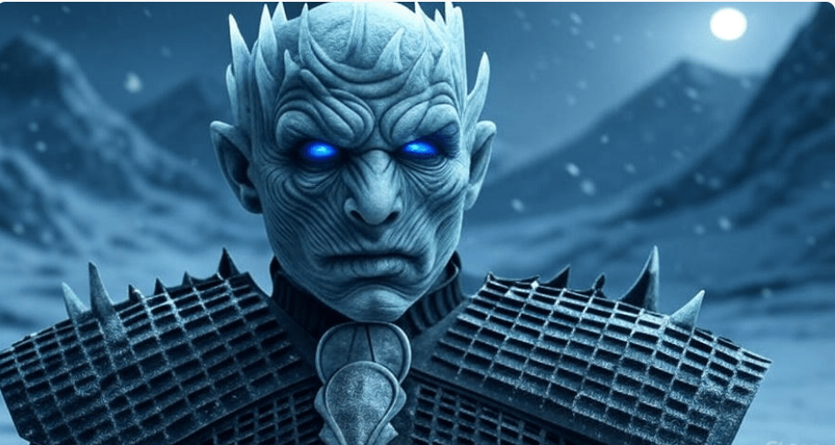 The Night King from Game of Thrones standing in a snowy, desolate landscape, wearing a crown of ice and sharp, jagged armor, with icy surroundings symbolizing his rule over death and eternal winter, his glowing blue eyes adding a supernatural effect