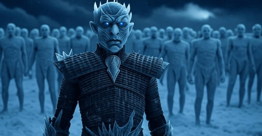 The Night King from Game of Thrones standing tall, commanding an army of White Walkers with jagged ice armor and glowing blue eyes, in a dark, snowy, ominous atmosphere with a sense of impending doom