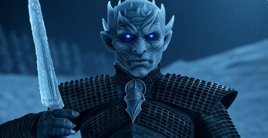 The Night King from Game of Thrones in an action pose, raising his icy weapon with jagged ice armor and glowing blue eyes, set in a dark, snow-covered scene capturing his deliberate and intimidating movements