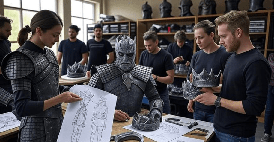 Behind-the-scenes shot of the Night King costume design process from Game of Thrones, featuring artists and designers crafting jagged armor, crown, and prosthetics, with sketches and costume pieces in progress in a creative atmosphere