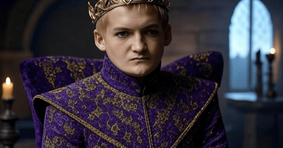 Joffrey Baratheon from Game of Thrones in a regal purple and gold outfit with a golden crown, exuding stern power, set against a medieval atmospheric background symbolizing authority and control 