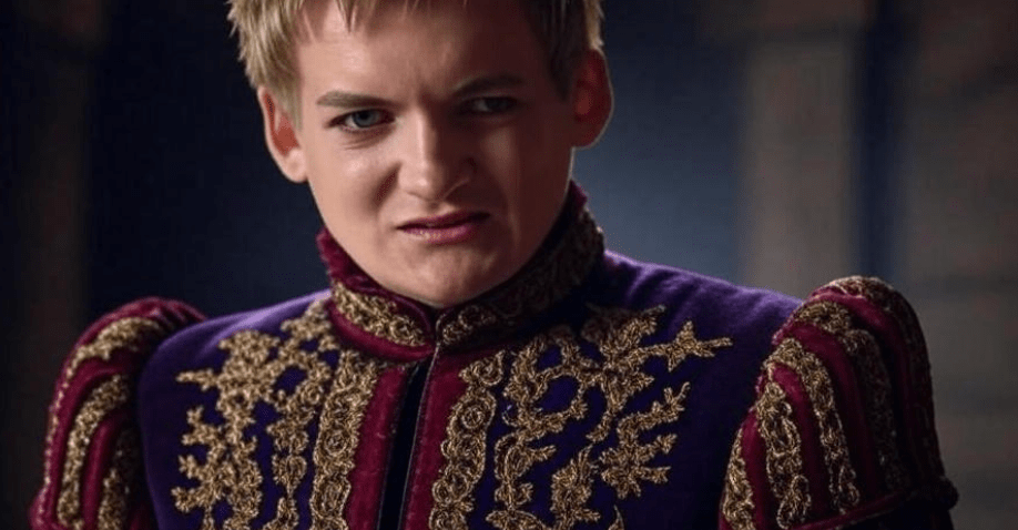 Close-up of Joffrey Baratheon from Game of Thrones, wearing a detailed royal purple outfit with gold accents and bold red elements, set against a background suggesting aggression and power, reflecting his arrogance and anger, 