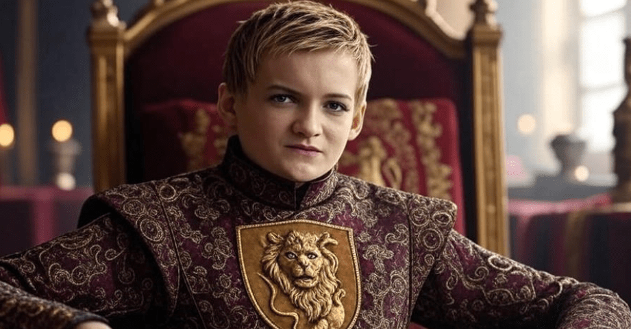 Close-up of Joffrey Baratheon’s clothing featuring an embroidered Lannister lion crest, symbolizing wealth, power, and pride, with a regal background highlighting the Lannister family's status and Joffrey’s connection 