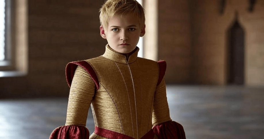 Full-body shot of Joffrey Baratheon from Game of Thrones in a tightly fitted, structured royal outfit, with a rigid and controlled posture reflecting the influence of his tailored attire 