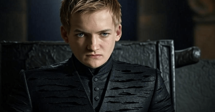 Portrait of Joffrey Baratheon from Game of Thrones in dark, severe clothing with sharp cuts and dark tones, symbolizing his descent into cruelty and tyranny, with an oppressive background highlighting his downfall and detachment 