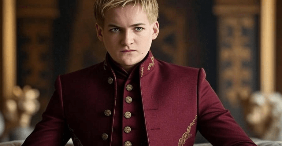 Modern professional outfit inspired by Joffrey Baratheon’s royal wardrobe, featuring a tailored maroon suit with gold embroidery and buttons, exuding power and authority 