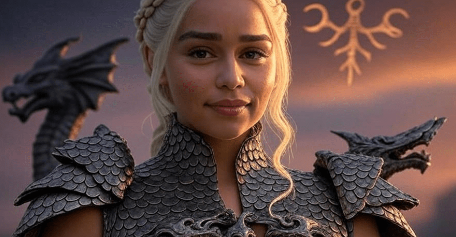 Semi-realistic digital portrait of Daenerys Targaryen in her iconic dragon-scale outfit, featuring intricately braided platinum blonde hair, standing with confidence. The sleek metallic outfit showcases detailed dragon motifs, set against a regal background with faint Valyrian symbols and dragon shapes, captured in a powerful