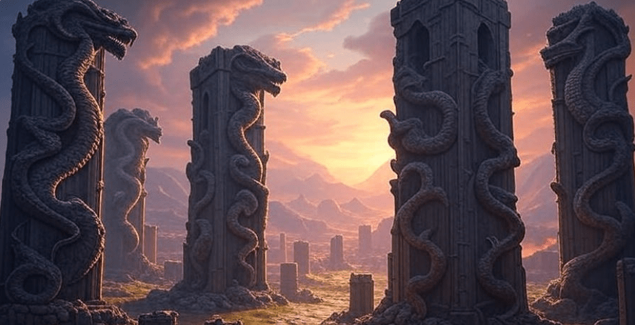 Digital painting of an ancient Valyrian city in ruins, featuring towering structures adorned with intricate dragon carvings. The background showcases fiery elements symbolizing the magical and powerful history of Valyria, with a mystical glow in the sky hinting at the once-glorious civilization of dragonlords, presented in a stunning