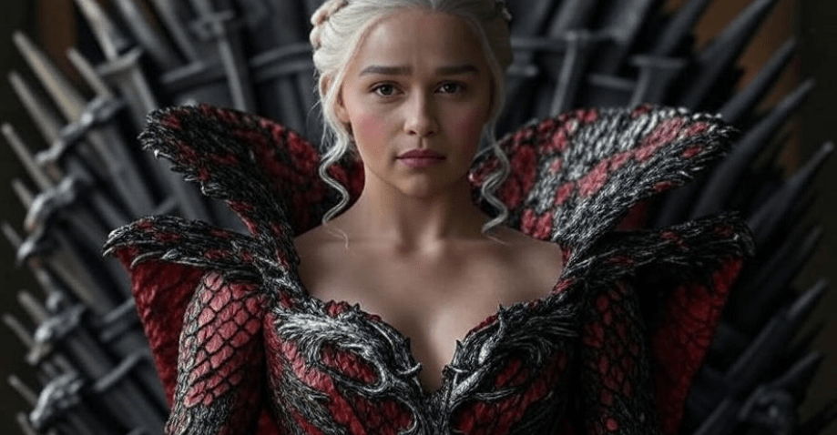 Detailed image of Daenerys Targaryen’s regal outfit featuring intricate dragon motifs and textures, blending rich reds, blacks, and silvers. The metallic dragon-scale design showcases noble craftsmanship with luxurious fabric hints, embodying the grandiosity of her Valyrian heritage, presented in a stunning